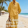 thumbnail image 3 of Women’s Batwing Sleeve Linen Cotton Two-Piece Set – Casual Shirt & Wide Leg Pants Outfit, Lounge Cotton 2 Piece, 3 of 7