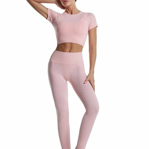 Maoxin Leggings Women's Fashion Casual Solid Color High Waist Elastic Yoga Suit Short Sleeved Shirt Pants Two Piece Suit Workout Leggings for Women Pink L