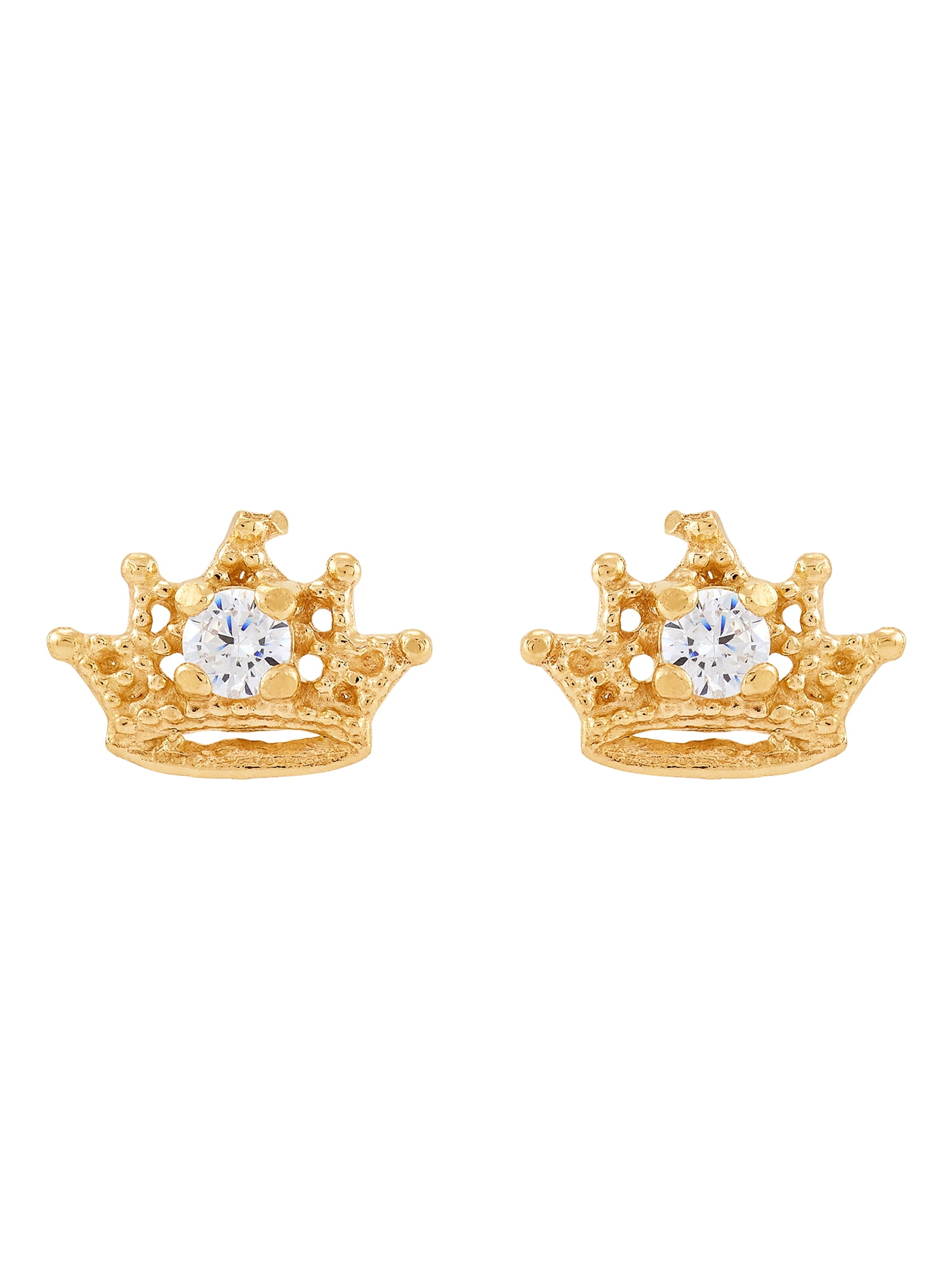 10k Solid Yellow Gold Cubic Zirconia Crown Stud Earring With Safety Screw Back 