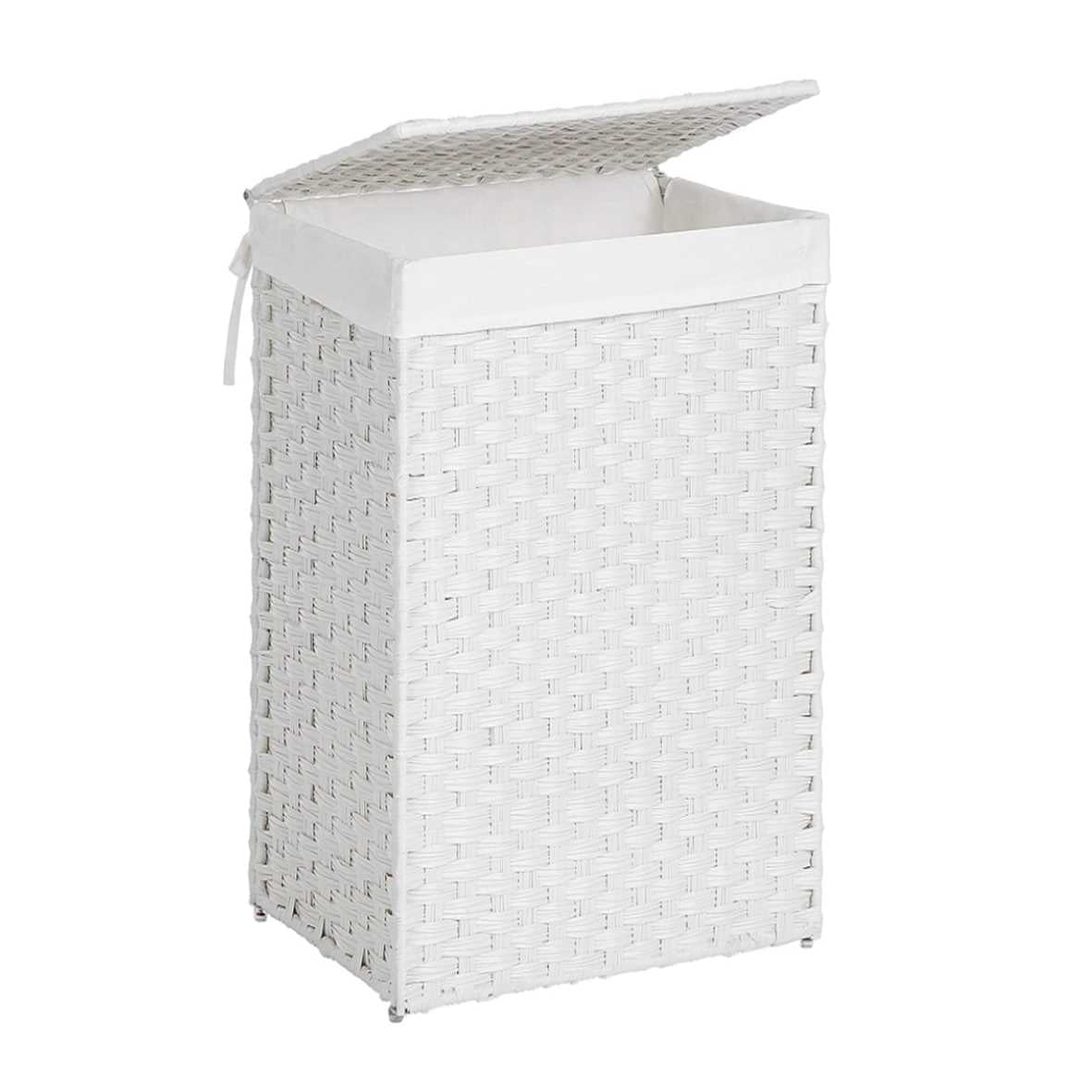 Foldable Laundry Hamper with Removable Liner & Lid, 17.2 Gallon (65L) Synthetic Rattan Basket, Handles, Space-Saving for Bedroom，Bathroom, Cloud White