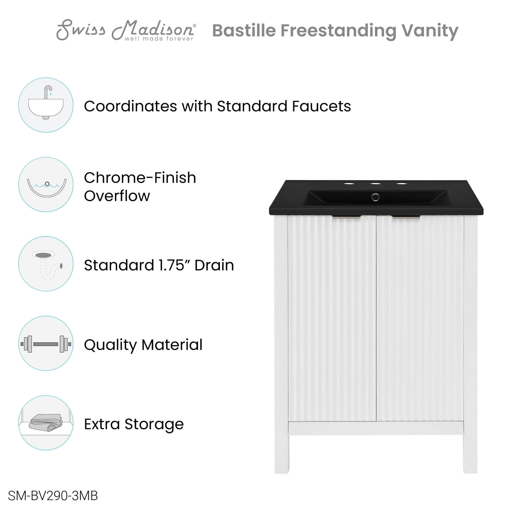 Bastille 24 in. White Bathroom Vanity With Black, 3-Hole Ceramic Sink Top