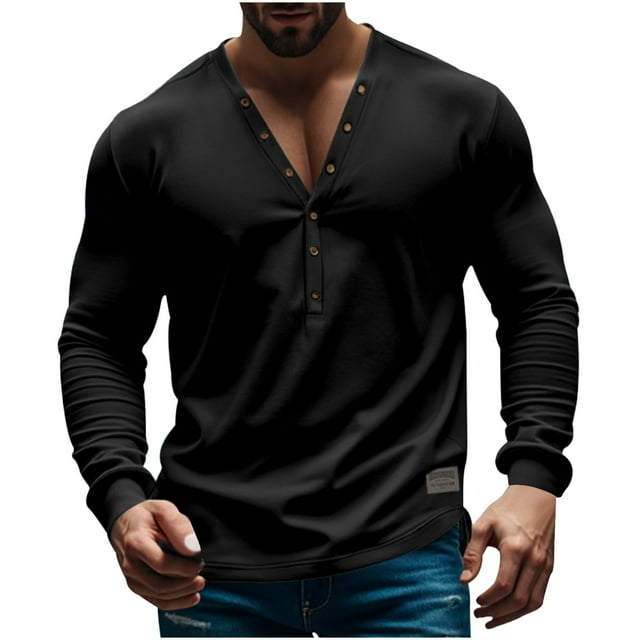 pstuiky Camisas de manga larga de invierno para hombre, Camiseta americana de color liso para hombre, de primavera y otoño, informal, de manga larga, con botones y cuello en V l