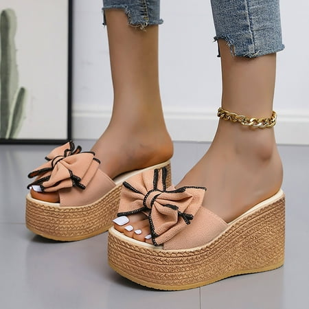 

Wavsuf Wedge Sandals for Women Casual Summer Beach Bow Pink Slippers Size 5.5