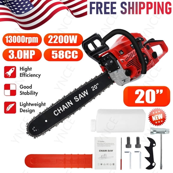 YNCE 20" Gas Chainsaw 58cc 2-Stroke Gas Powered Chainsaws, Cordless Chain Saw with Loop Handle for Wood Cutting and Tree Trimming, Low Emissions & Easy Maintenance