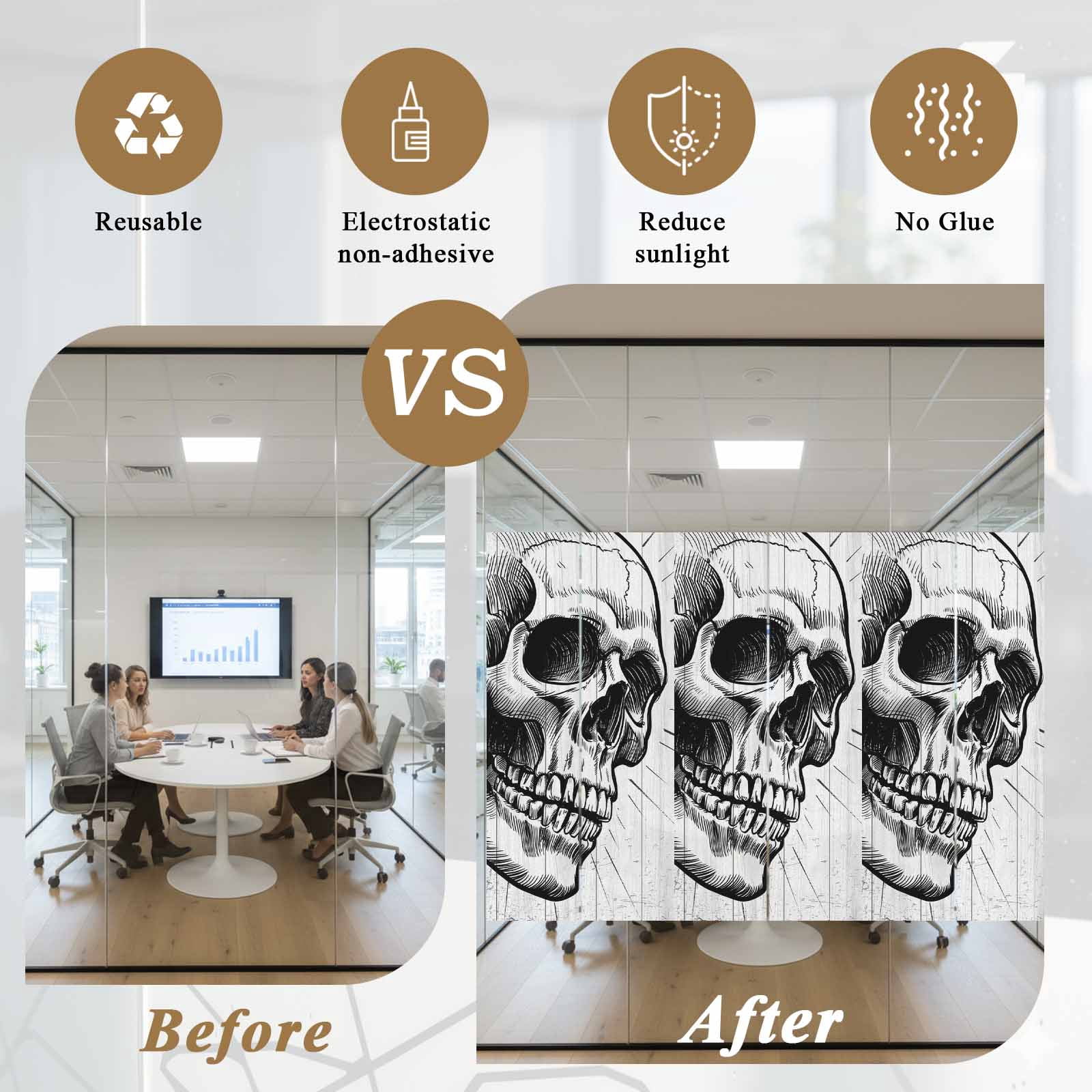 Horror Skull Window Privacy Film, Black Skeleton Spooky Halloween Static Cling UV Sun Blocking Heat Control Window Tint Day and Night, Non-Adhesive One Way Windows Privacy Cover 17.7''x78.7''