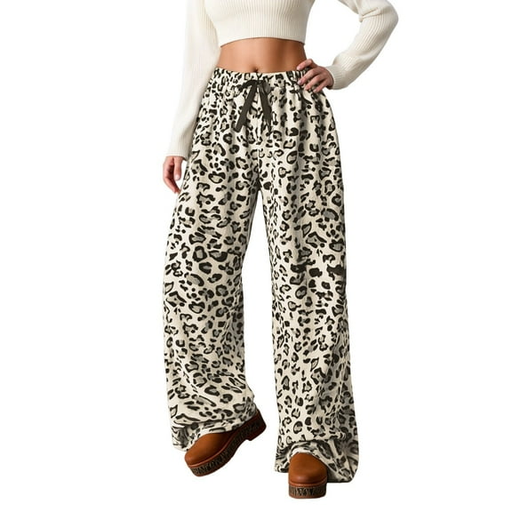 Arlun Leopard Casual Pants for Women Therian Fuzzy Soft Comfortable Baggy Pants Y2k Cheetah Printed High Waisted Drawstring Fall Winter Pants with Pockets Gold XL