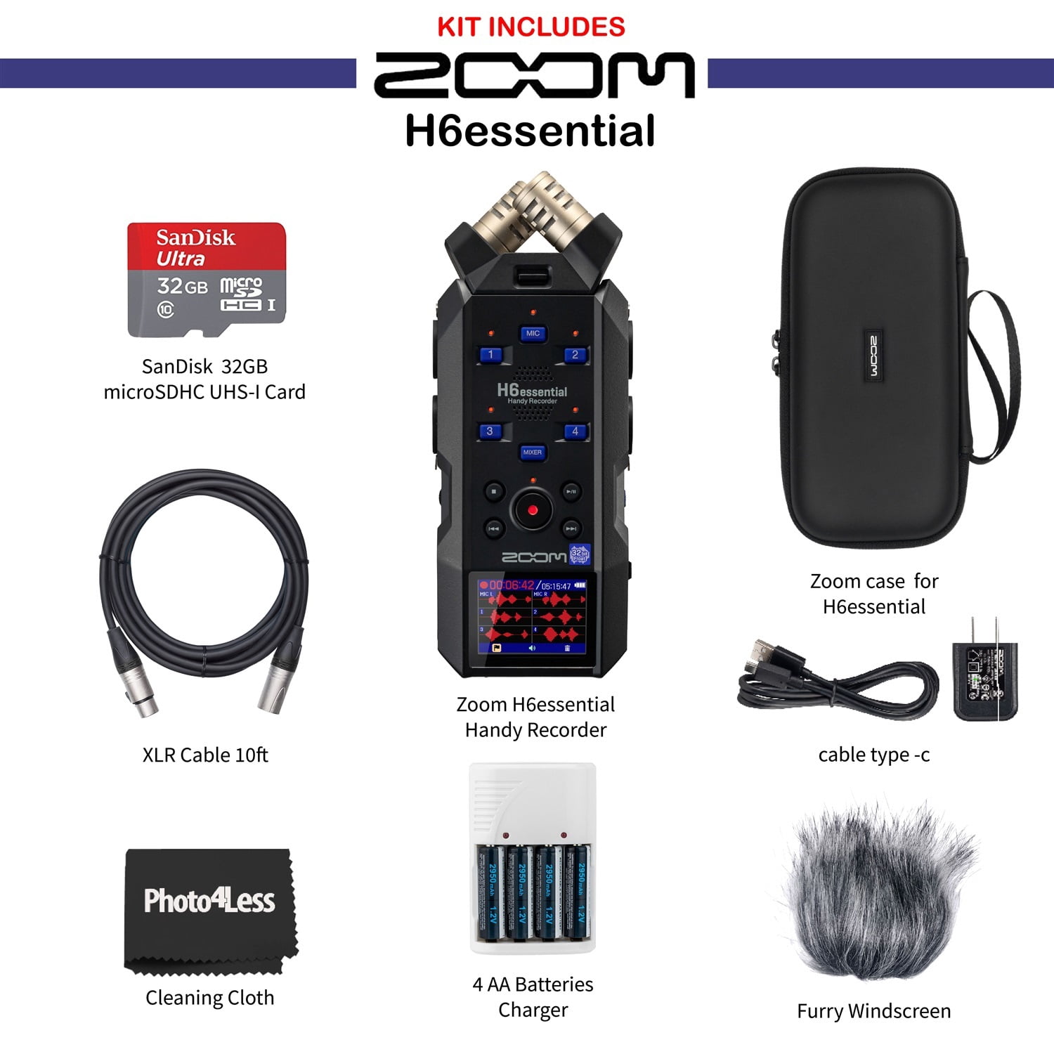 Zoom H6essential Handy Recorder, Bundle with Zoom Accessory Pack, 32GB Micro SD-Card with Adapter, 2 XLR Cable, 4 AA Batteries & Charger, Cleaning Cloth