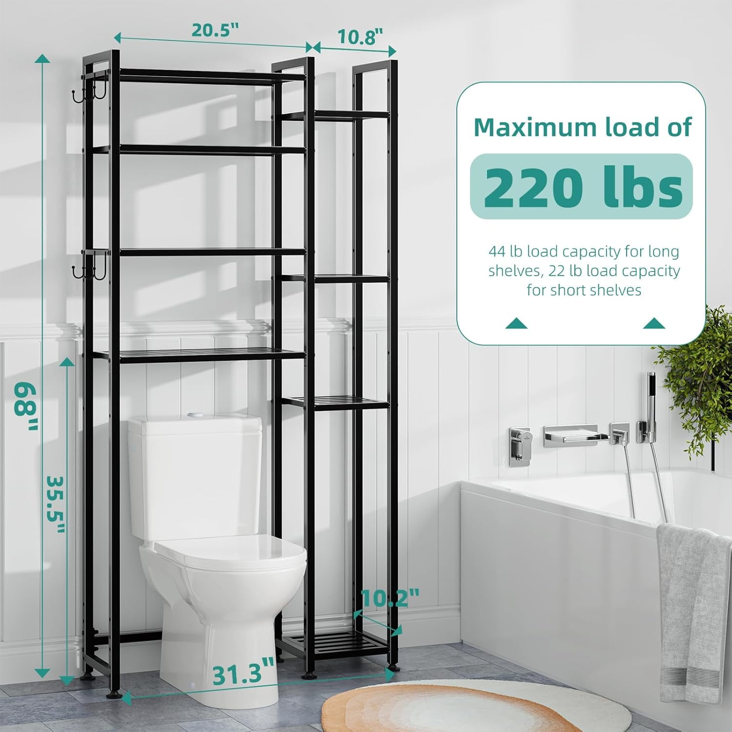 8 Tier Over The Toilet Storage with Side Rack, Bathroom Organizer Metal Shelves for Towels, Black