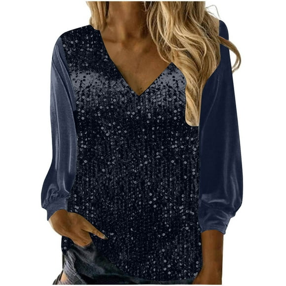 FAIWAD Womens Sequin Velvet Tops Glitter Sparkly V-Neck Long Sleeve Pullover Dressy Evening Cocktail Party Shirts