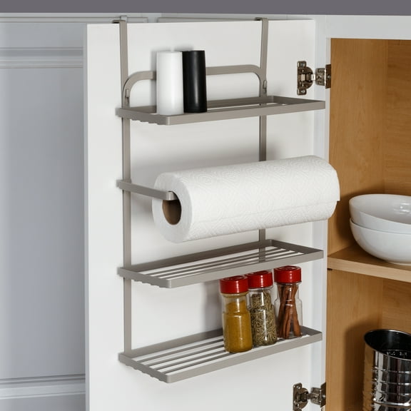 Honey-Can-Do Steel Over-the-Door or Mounted 3-Tier Spice Rack Cabinet Organizer with Paper Towel Holder, Gray