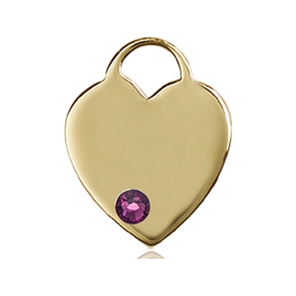 14kt Yellow Gold Heart Medal with 3mm February Purple Swarovski Crystal 5/8 x 1/2 inches