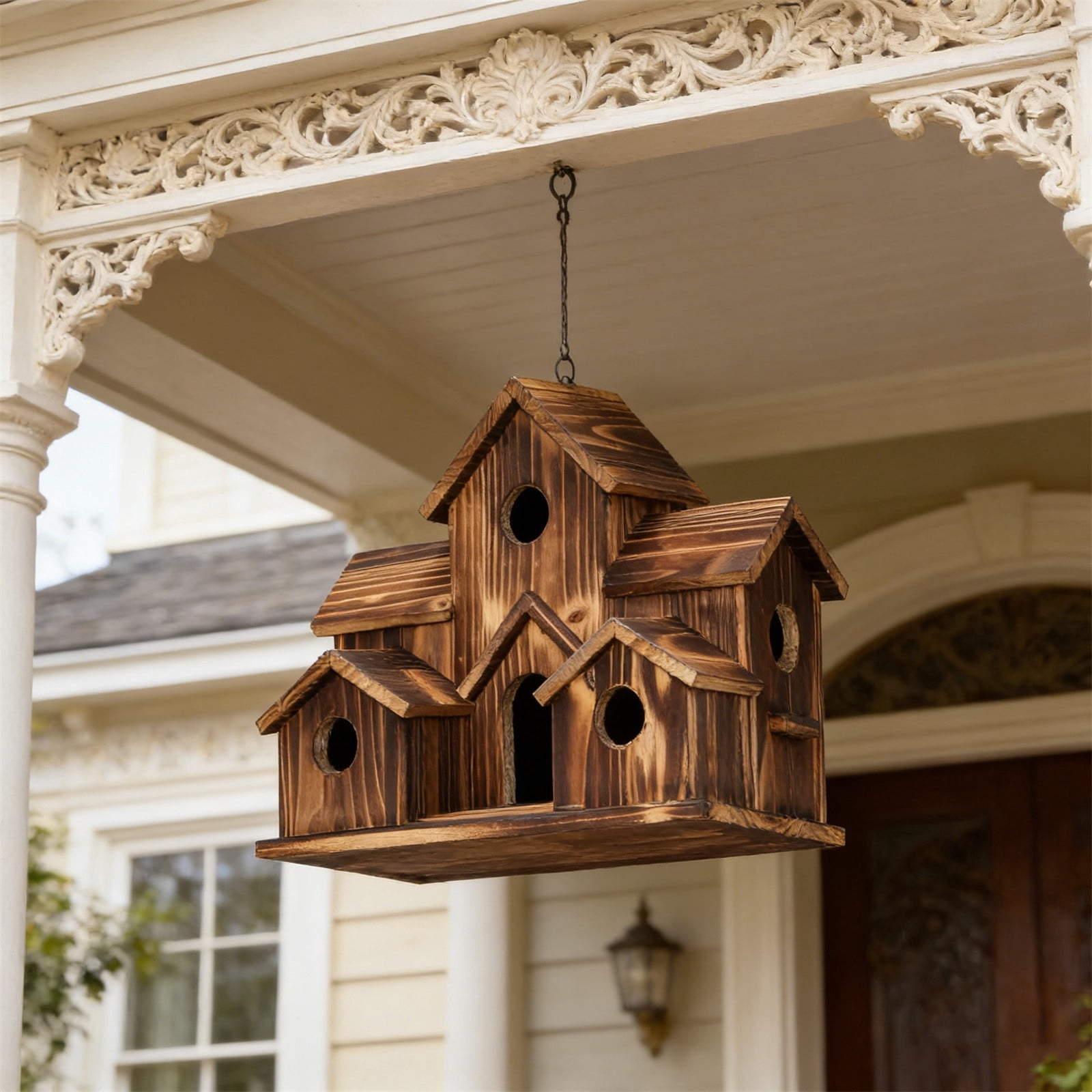 Bird Houses for Outside with Bird Feeder, Outdoor 3 Hole Bird House Room for 3 Bird Families Bluebird Finch Cardinals Hanging Birdhouse for Garden, Brown