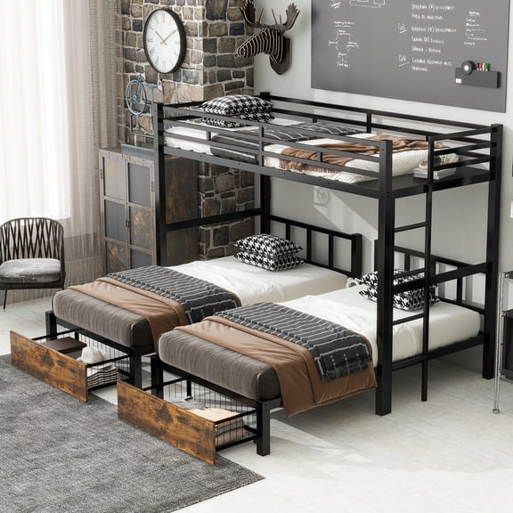 Triple Bunk Bed for Kids,Detachable Twin XL Over Twin Over Twin Metal Bunk Bed with Guardrails,Ladder & Storage,Converts to 3 Separate Beds,Easy to Assemble(3 Bunk Beds for Kids)