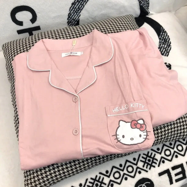 Sanrio-Pijama de Hello Kitty para mujer, ropa de dormir de manga larga, pantalones largos, cárdigan, traje de dibujos animados para el hogar, conjunto de 2 piezas, primavera y otoño
