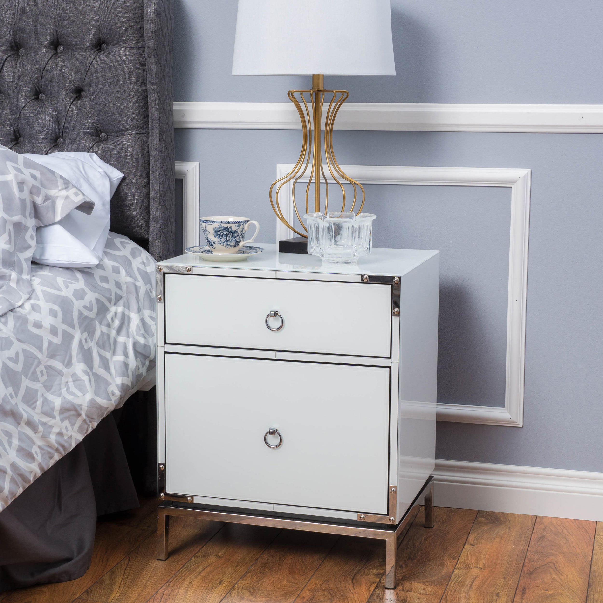 Details about   Danea White Glass 2 Drawer Bedside Table 