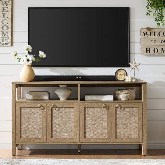 SICOTAS Boho TV Stand for TVs up to 65", Rattan 29.5" Tall Entertainment Center with Storage Cabinets & Adjustable Shelves , TV Console Table for Living Room, Oak