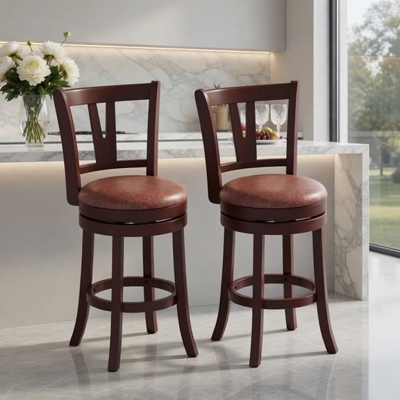 Demi Bonn 26 Inch Counter Height Swivel Barstools Set of 2, High Backs with Footrest, Rubber Wood Frame Barstools, Brown