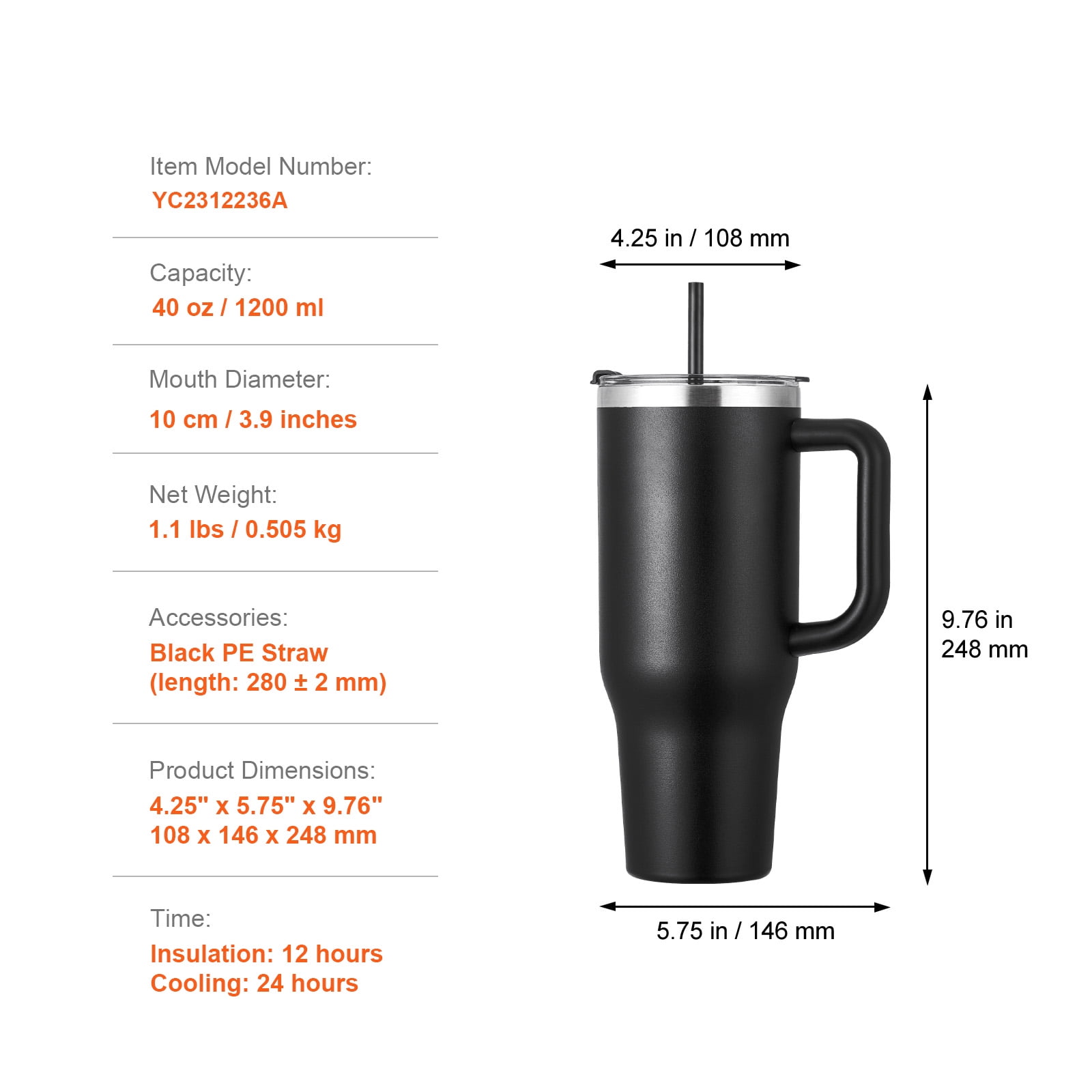 KFFKFF 40 oz Thermal Water Container, Metallic Athletic Beverage Holder with Cover, Portable Journey Java Tumbler Dual Layered, Leakproof Wilderness Hydration Vessel, Profession, in Obsidian