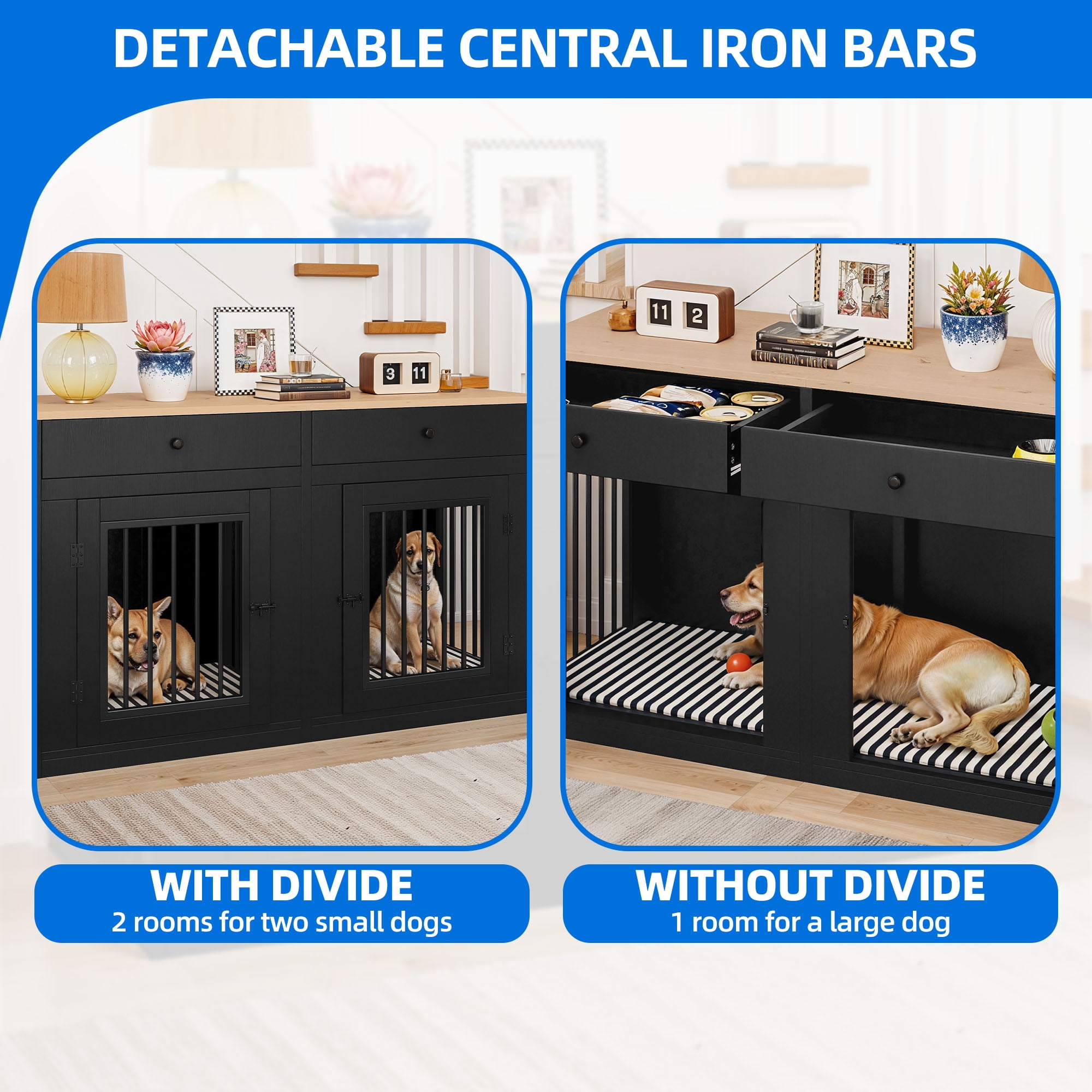 Dextrus 60" Large Double Door Dog Crate Furniture with Locks, Indoor Dog Cage Table with Removable Divider & 2 Storage Drawers, Black