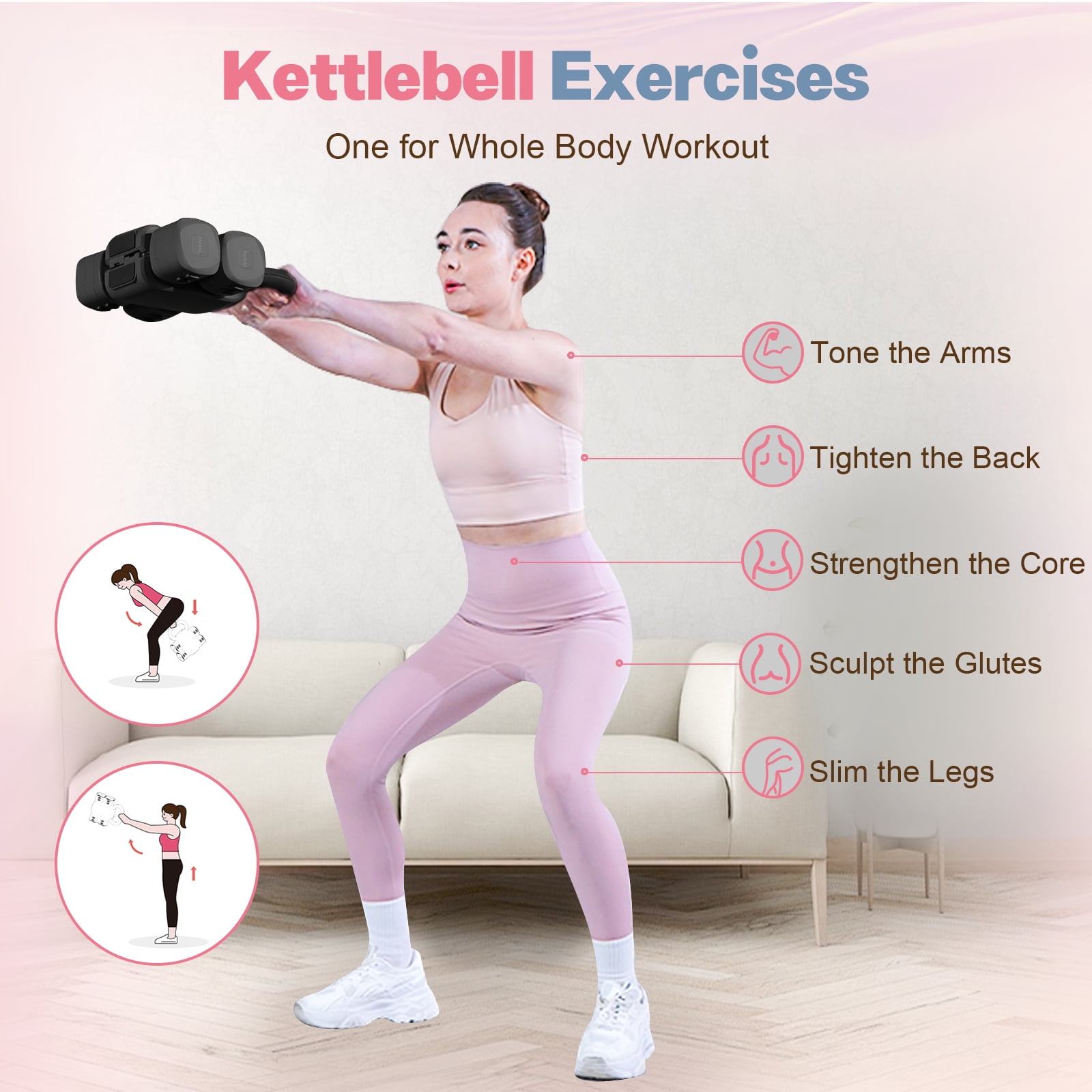 kisnbld Adjustable Kettlebell Set, 2 in 1 Free Weights Dumbbells & Kettlebell Set for Women with Fast Adjustment, Each 2lb 3lb 4lb 5lb Hand Weights Set for Home Gym & Outdoor Exercise Training