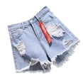 thumbnail image 3 of Pantalones cortos de mujer Vaqueros Cintura alta Agujeros destruidos Pantalones cortos con dobladillo deshilachado, Azul, XXL Vogacara AP001525-10B, 3 of 7
