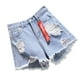 thumbnail image 3 of Pantalones cortos de mujer Vaqueros Cintura alta Agujeros destruidos Pantalones cortos con dobladillo deshilachado, Azul, XXL Vogacara AP001525-10B, 3 of 7