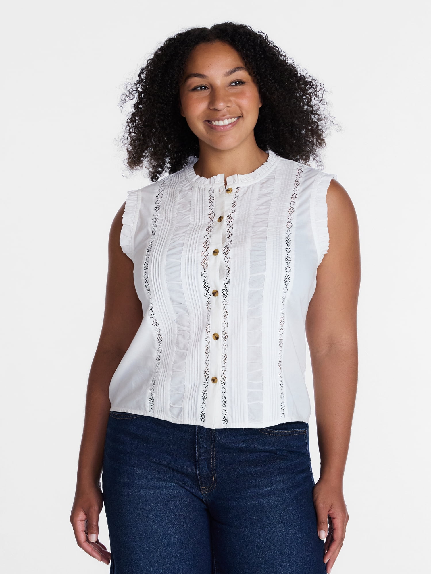 Time and Tru Women's Lace Inset Sleeveless Cotton Top, Sizes XS-XXXL