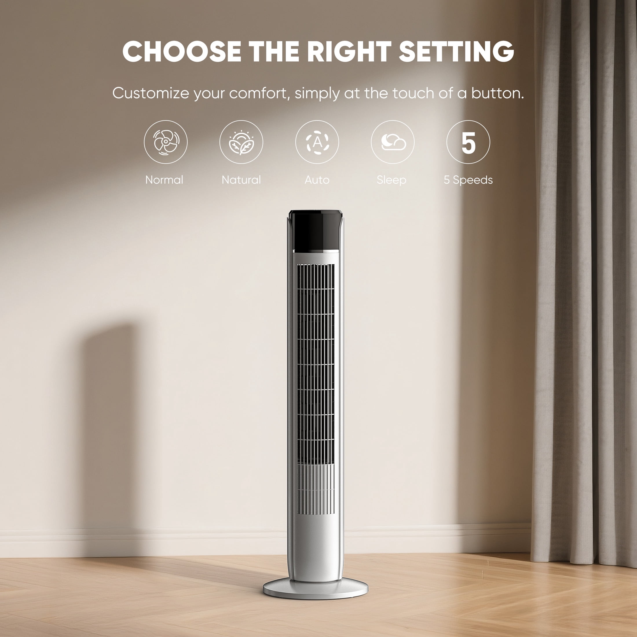 CONCETTA Quiet Tower Fan for Bedroom, Bladeless Design, 20ft/s Speed, 5 Speeds, 12H Timer, Oscillating，Grey