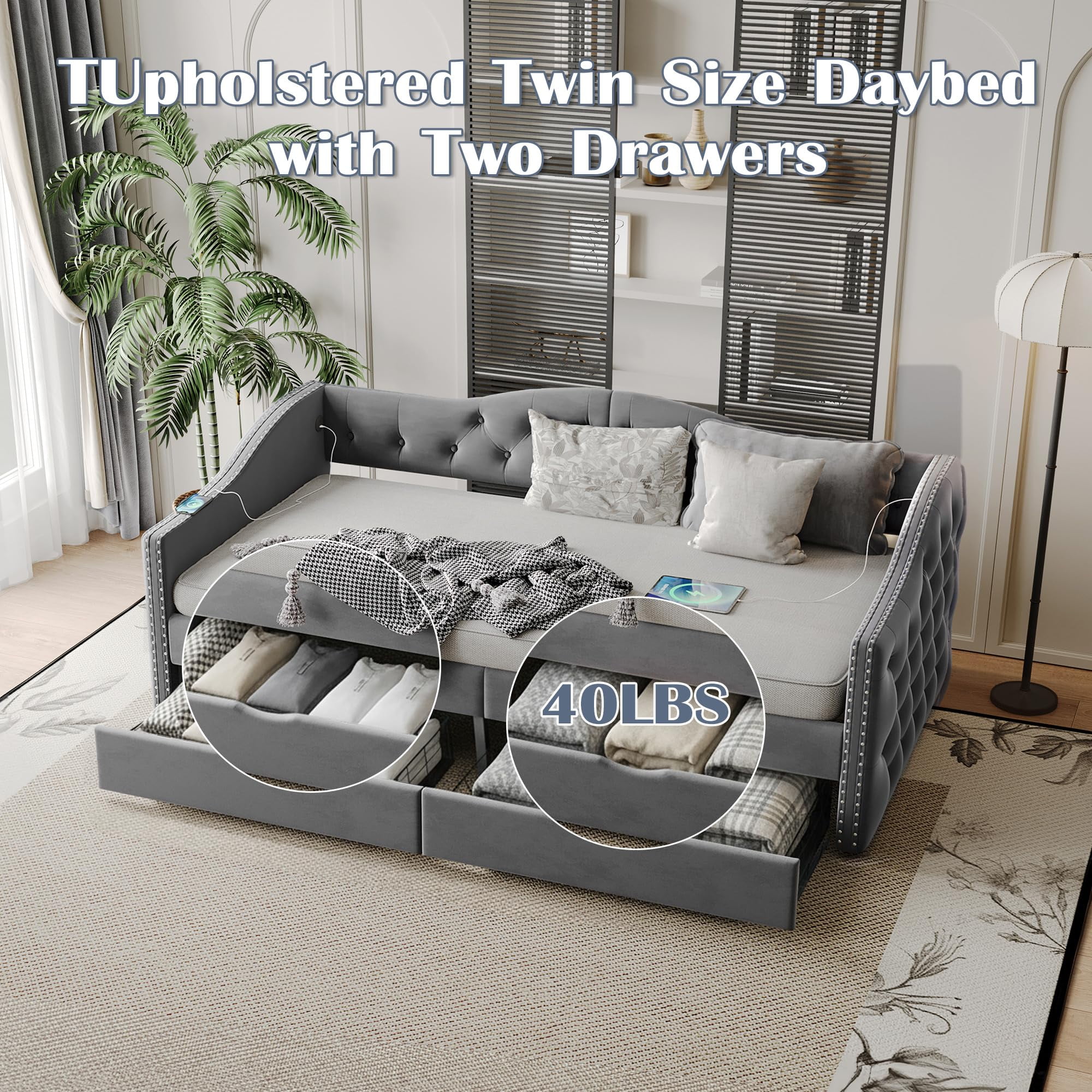 Miniyam Twin Upholstered Daybed with Drawers, Tufted Velvet, Gray