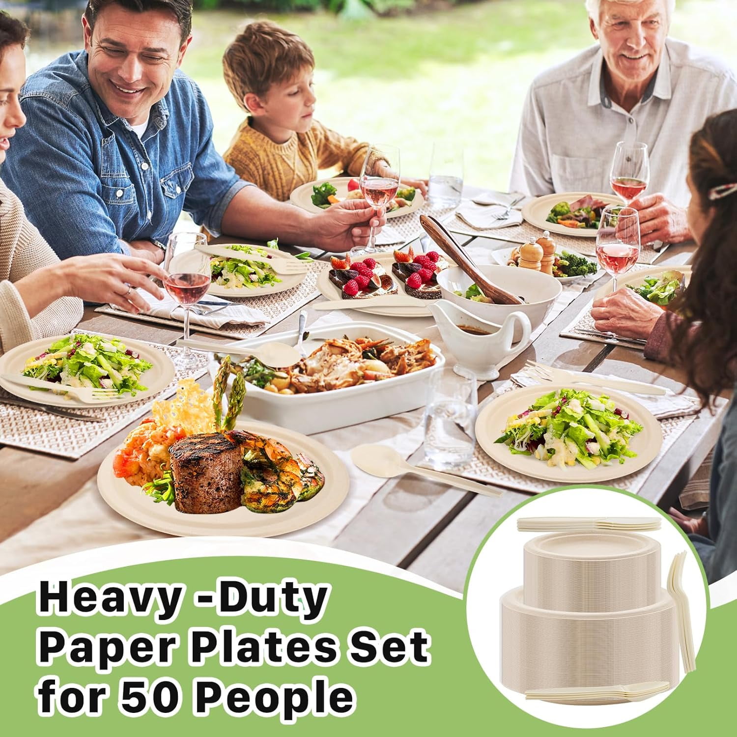 250 PCS Compostable Paper Plates Set,Heavy Duty Disposable Paper Plates Set,Biodegradable plates and utensils Includes Plate,Extra Long Forks,Knives,Spoons for Party Camping
