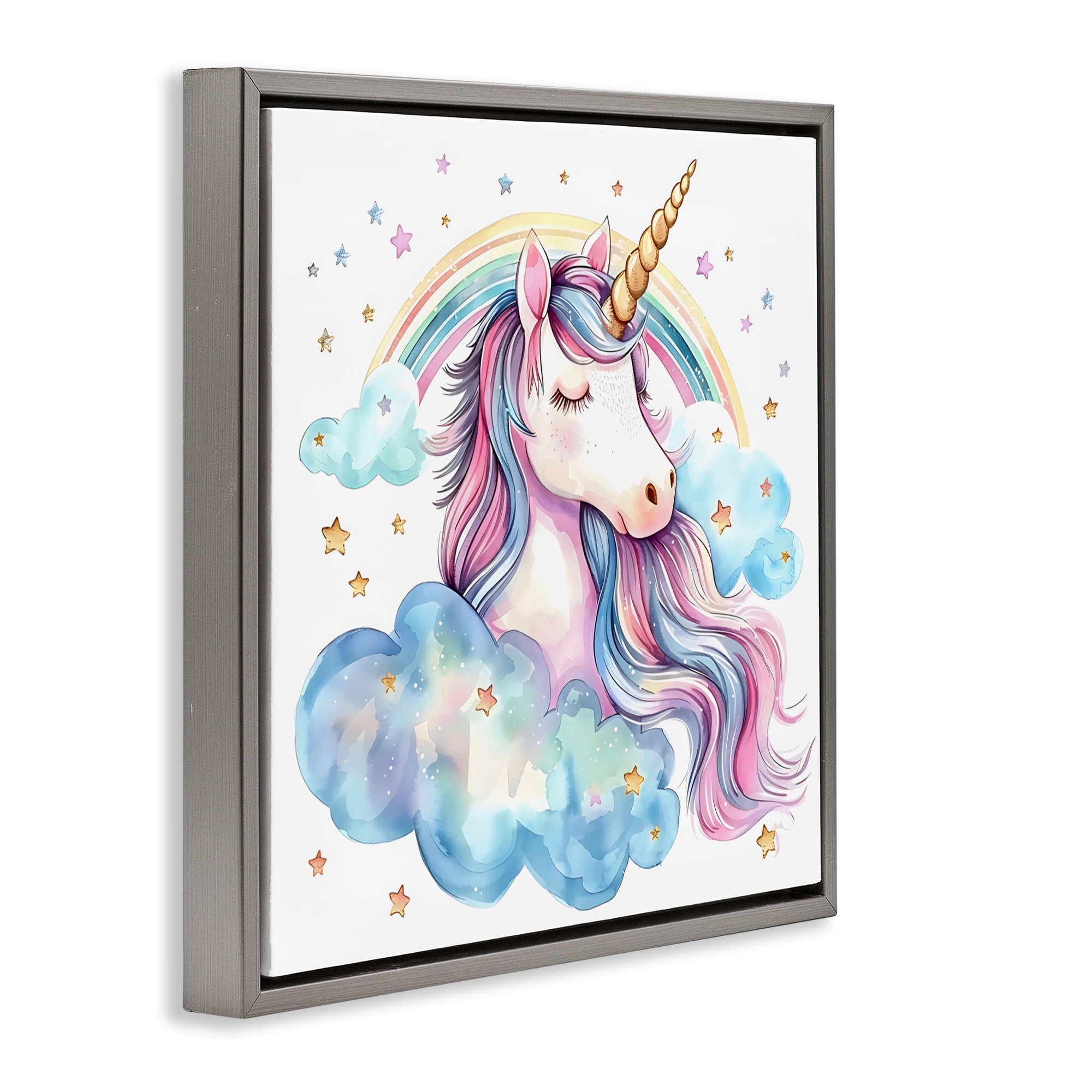 Stupell Industries Cute Happy Unicorn & Rainbow Gray Framed Floater Canvas Wall Art, design by Creative Studio
