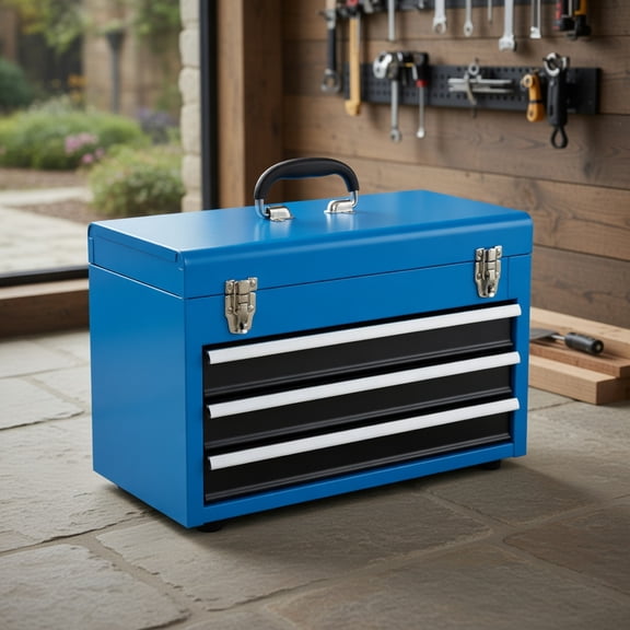 Topcobe Portable Garage Mechanic Tool Cabinet Box with 3 Drawers, Modern Patio Furniture for Outdoor, Backyard, Garden, Deck-Blue