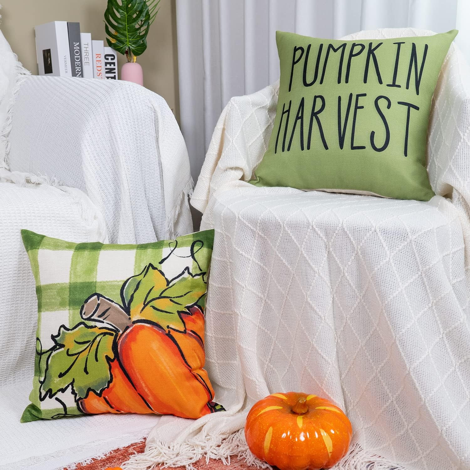 Fall Pumpkin Pillow Covers 18x18 Inch Set of 2 Watercolor Gray Orange White  Autumn Harvest Decorative Outdoor Throw Pillows Rustic Pillow Case Linen