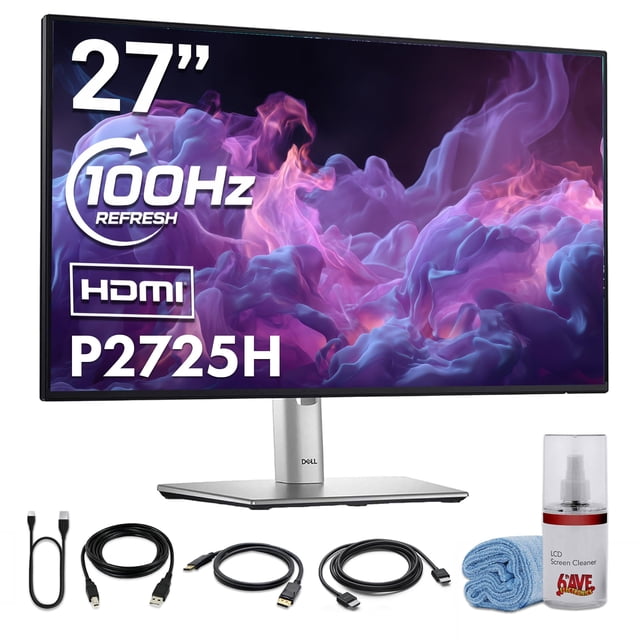 Monitor Dell P2725H de 27 pulgadas Full HD (1920 x 1080) IPS LED, 100 Hz — vista frontal centrada con biseles delgados y pantalla 16:9 que muestra tonos violetas y rosas; soporte plateado ajustable con columna y base rectangular; cables incluidos (USB-C, HDMI, DisplayPort, USB-A a USB-B) y kit de limpieza visibles. Diseñado para espacios de trabajo con ergonomía y conectividad versátil; a menudo usado para edición y tareas que requieren precisión de color.