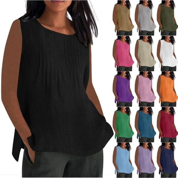 Otntypg Flowy Tank Tops for Women Plus Size Ruched Pleated Dressy Summer Sleeveless Crewneck Basic Side Slit Tunic Tees Loose Fit Soft Cotton Linen Shirts Light Purple L