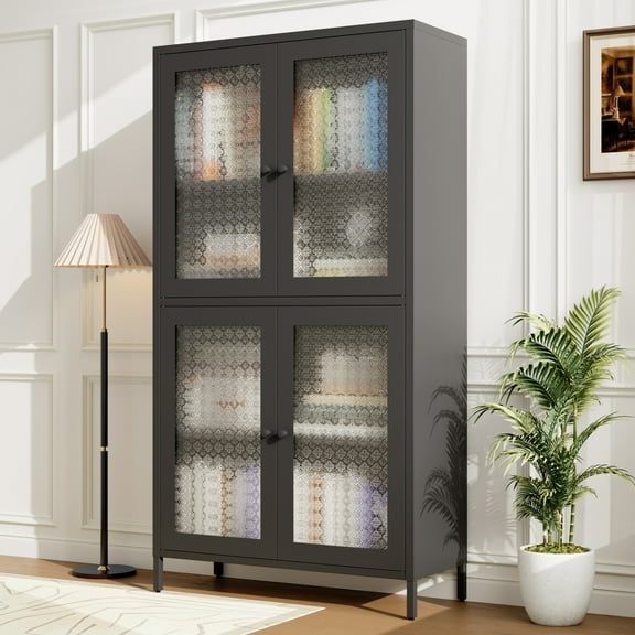 Classic Metal Storage Cabinet Display Cabinet with 4 Glass Doors 4 Shelves Cabinet Freestanding Bookcase Side Cabinet for Home Office Living Room Kitchen Hallway - Black, Begonia Flower Tempered Glass