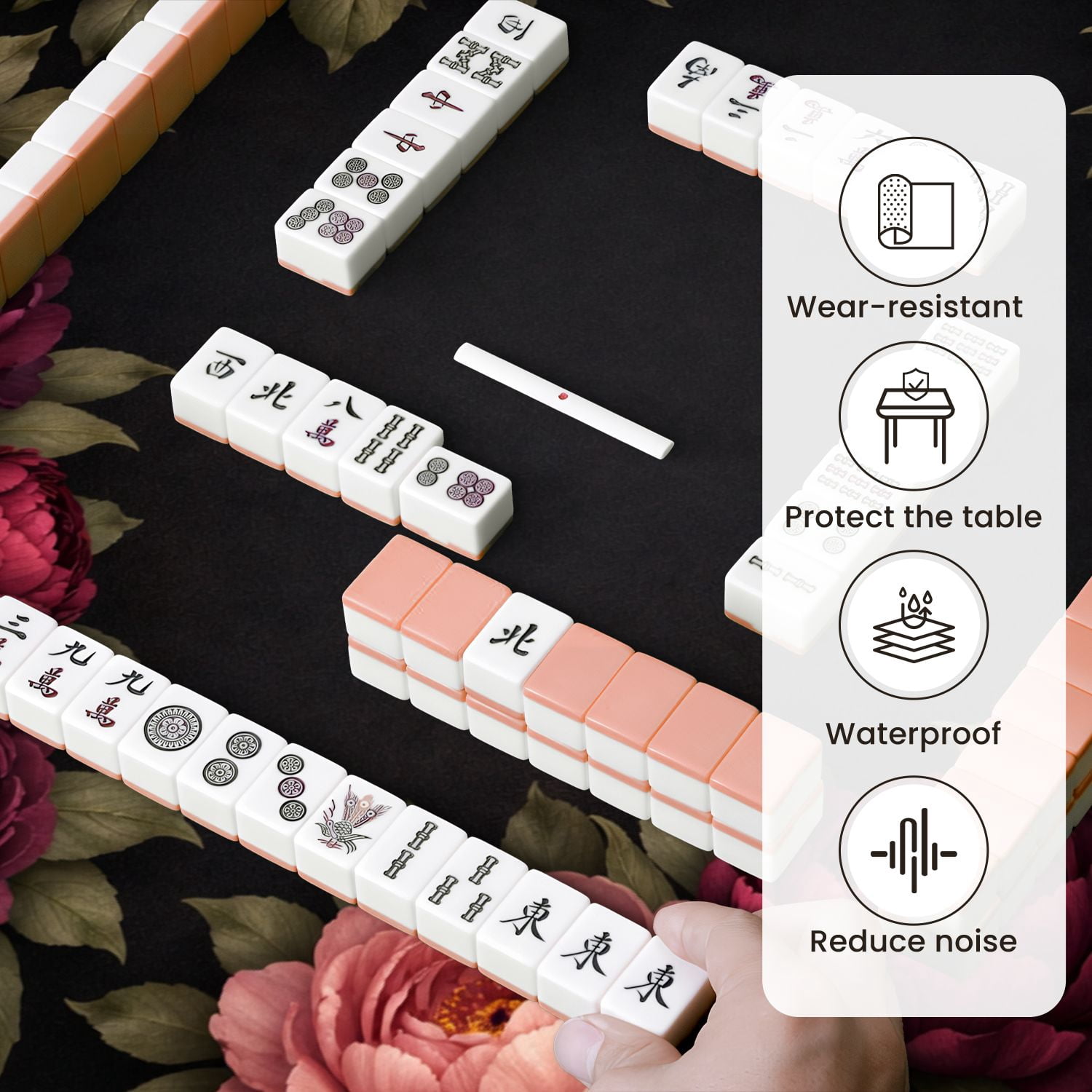 Mahjong Mat 31.5" x 31.5" Elegant Dark Floral Frame Burgundy Pink Peonies Green Leaves Non-Slip Noise Reduction Mahjong Tiles Table Cover for Dominoes Poker Card Board and Tile Games
