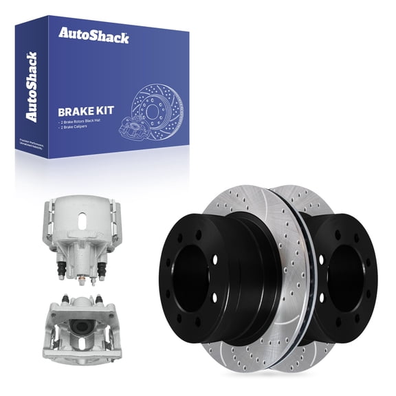 AutoShack Rear Vented Drilled & Slotted E-Coated Brake Rotors   Calipers 4-PC Brake Kit Replacement for 2006-2008 Dodge Ram 1500 ShadowGuard 13.85" (351.7 mm)
