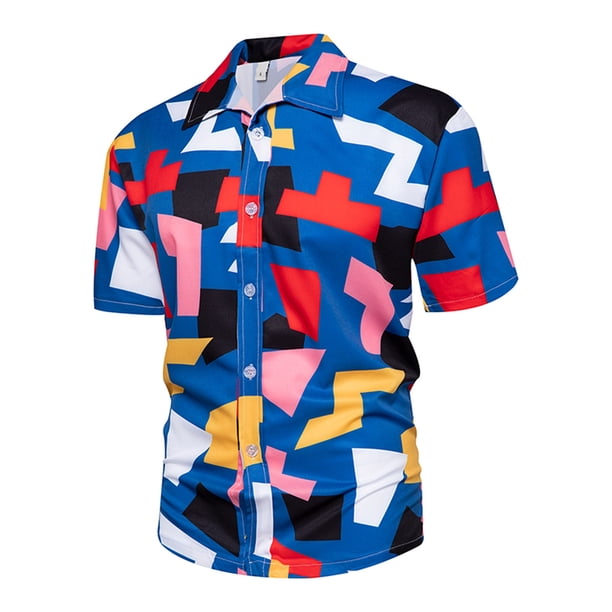 Camisas Para Hombre Manga Corta Top informal a la para hombre, camisa con cuello vuelto, blusa con botones de primavera y verano, camiseta de manga corta con estampado de Color (Blue, XXL)