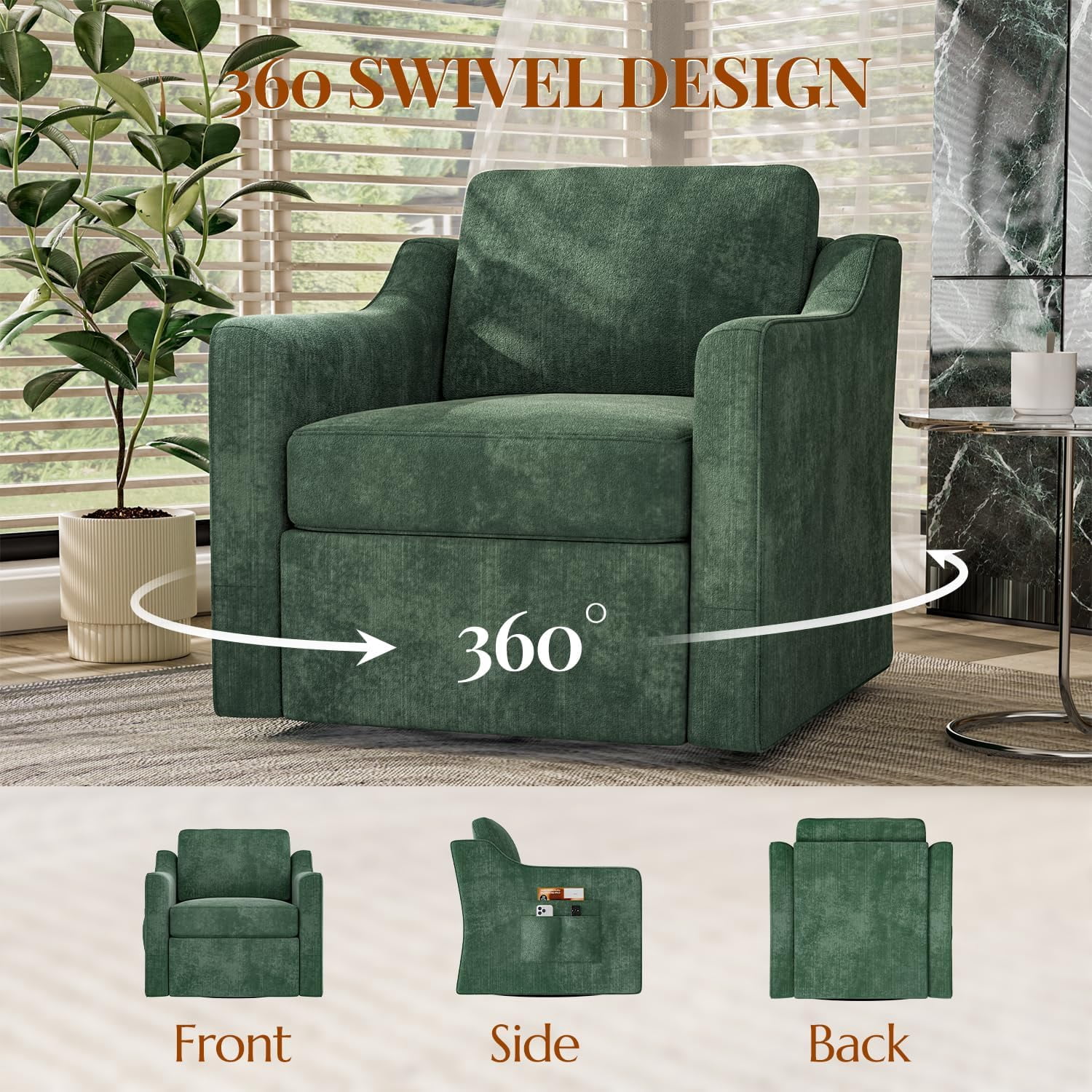 ZBOM 360° Swivel Modern Accent Chair Set of 2, Large Comfy Reading Chairs, Accent Square Single-seat Armchair Upholstered Sofa for Reading, Living Room, Bedroom, Green