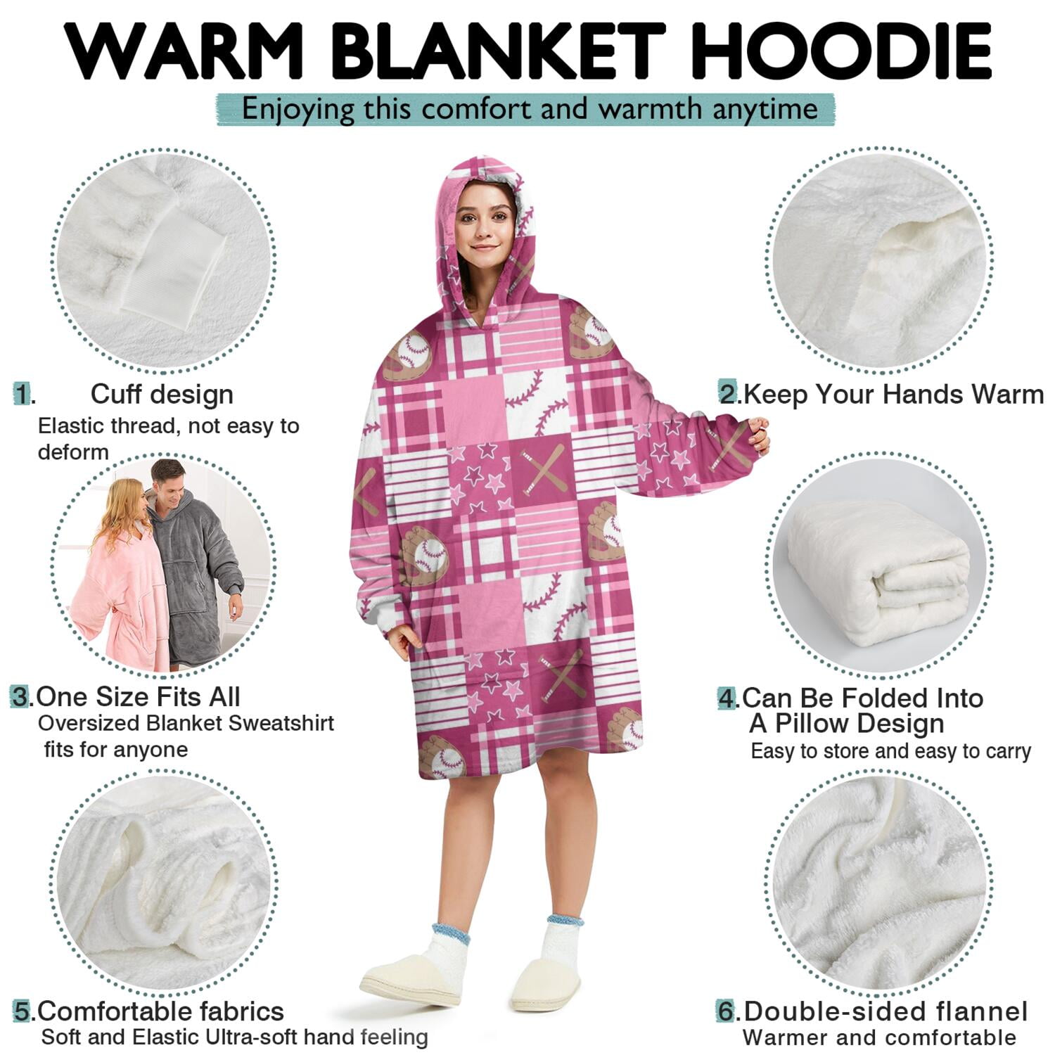 Pink Plaid Baseball Pattern Wearable Oversized Blanket,Wearable Blanket Hoodie for Adults,Cozy Hooded Blankets with Super Pockets,Super Warm Fuzzy Pullover for Women & Men