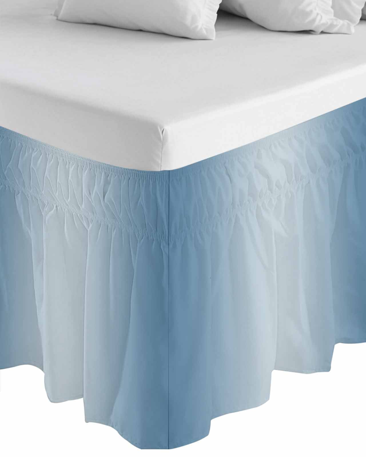 Blue Ombre Bed Skirt Cal King Size, Modern Gradient Abstract Art Wrap Around Bed Skirting with Adjustable Elastic Strap, Dust Ruffled Pleated Bedskirts 18 Inch Drop for Bedroom Cal King Beds