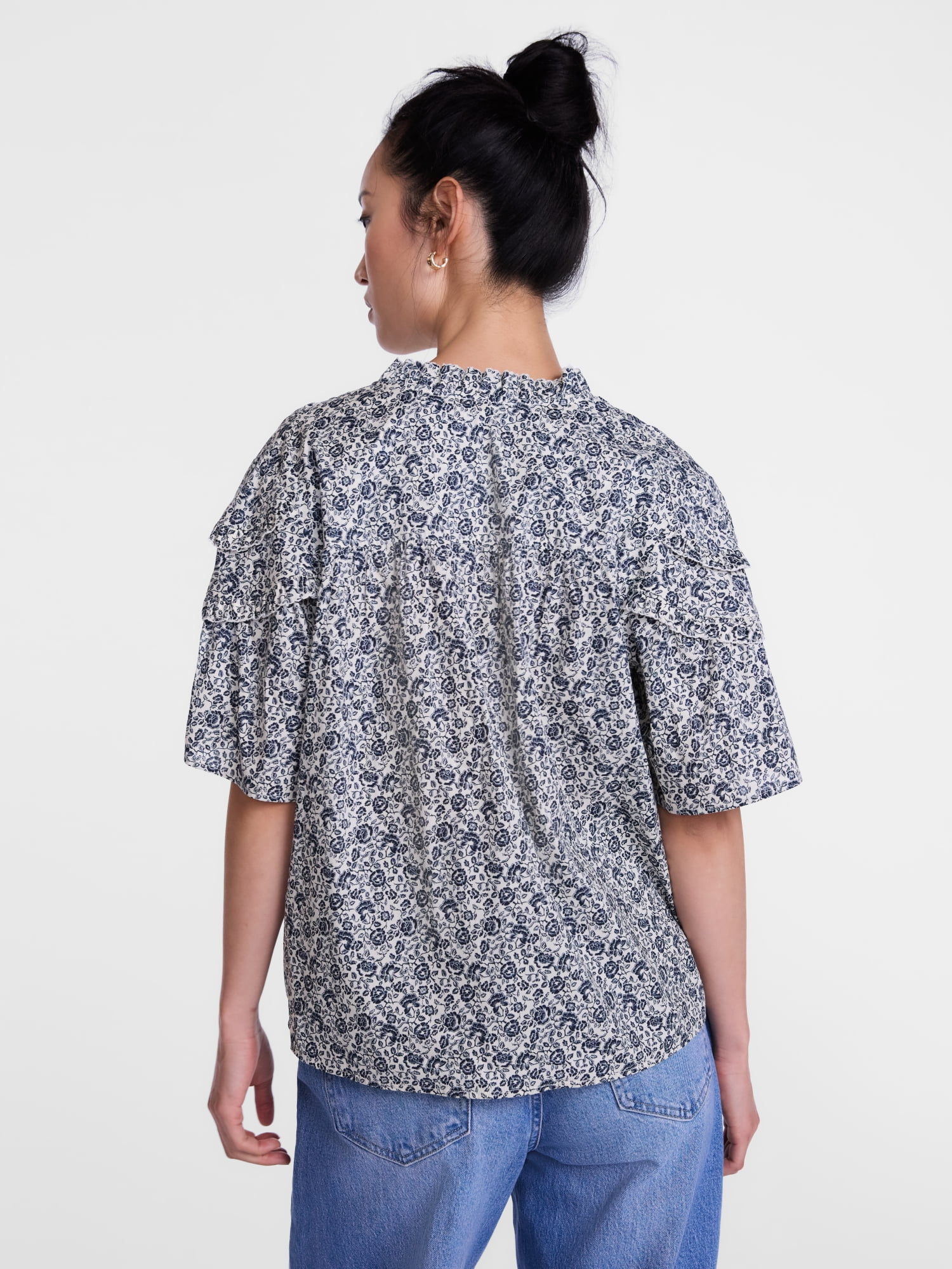 Scenario Women's Gathered Cotton Voile Top with Short Sleeves, Size XS-XXXL