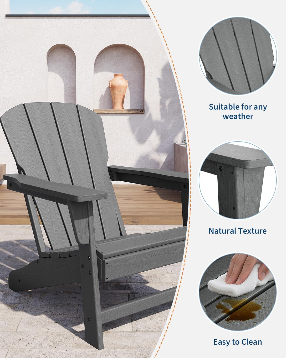 Outdoor Adirondack Chairs, HDPE Plastic Patio Chairs for All Weather, Weather-Resistant Fire Pit Chair with Wide Armrests & Slatted Back, for Patio, Deck, Lawn, Gray