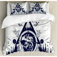 thumbnail image 1 of Tribal Queen Size Duvet Cover Set, Eagle Figure with Forest and Mountains Astrological Symbols Ethnic Design, Decorative 3 Piece Bedding Set with 2 Pillow Shams, Dark Blue Off White, by Ambesonne, 1 of 3