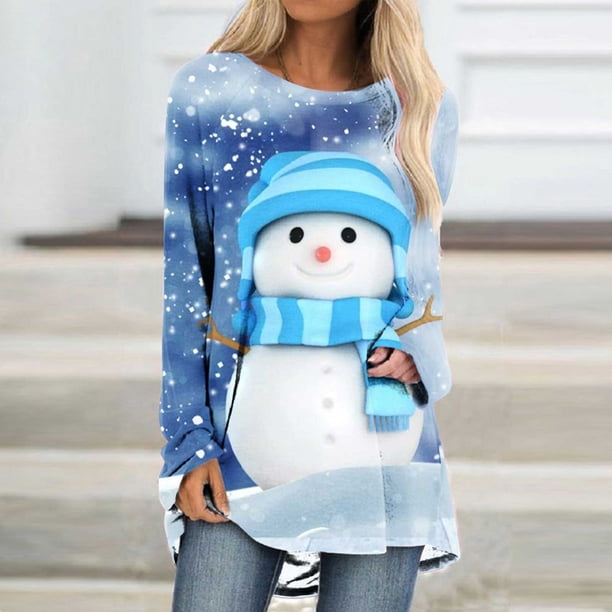 ICHUANYI Liquidación Navidad Mujer Moda Casual Manga Larga Cuello Redondo Tops Blusa Suelta Impreso ICHUANYI WER202308230292