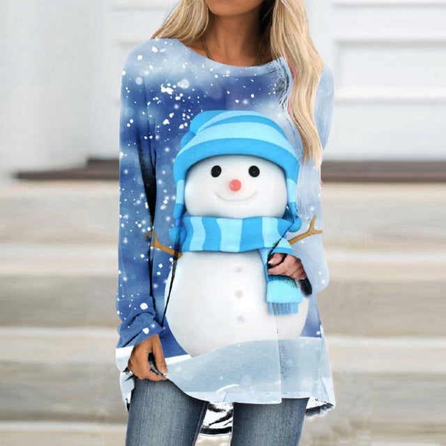 ICHUANYI Liquidación Navidad Mujer Moda Casual Manga Larga Cuello Redondo Tops Blusa Suelta Impreso ICHUANYI WER202308230294