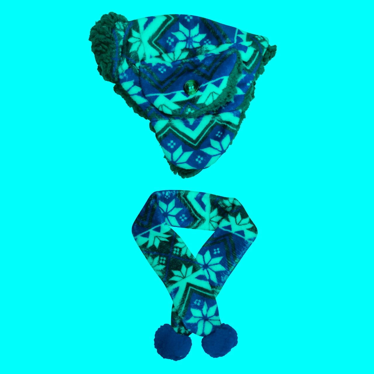 Fetchwear Snowflake Fleece Trapper Hat & Scarf Set for Dogs, Blue/Gray, X-Small/Small