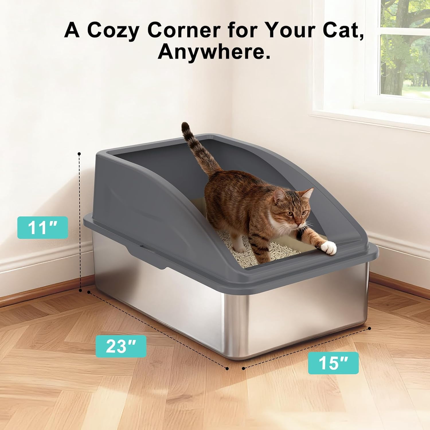 High Sided, Anti-Urine Leakage Stainless Steel Litter Box, XL Enclosed Cat Litter Boxes with Lid for Big Cats, Non-Stick Bottom, Includes Litter Mat & Metal Scoop