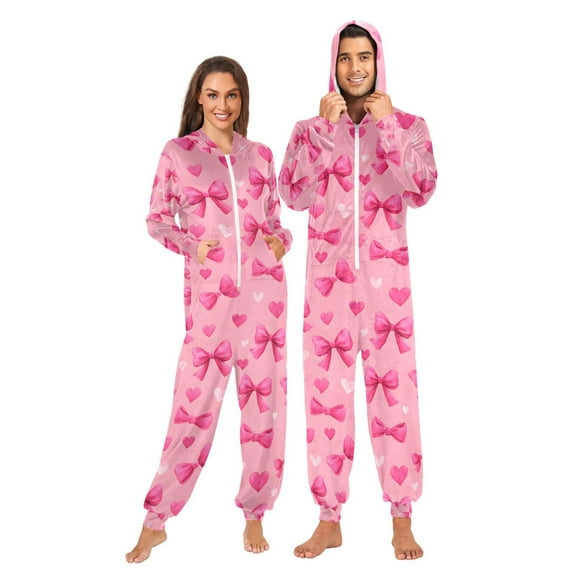 Adult Christmas Onesie Pink Bows Love Adult Zipper One-Piece Pajamas Unisex Pajamas with Pockets